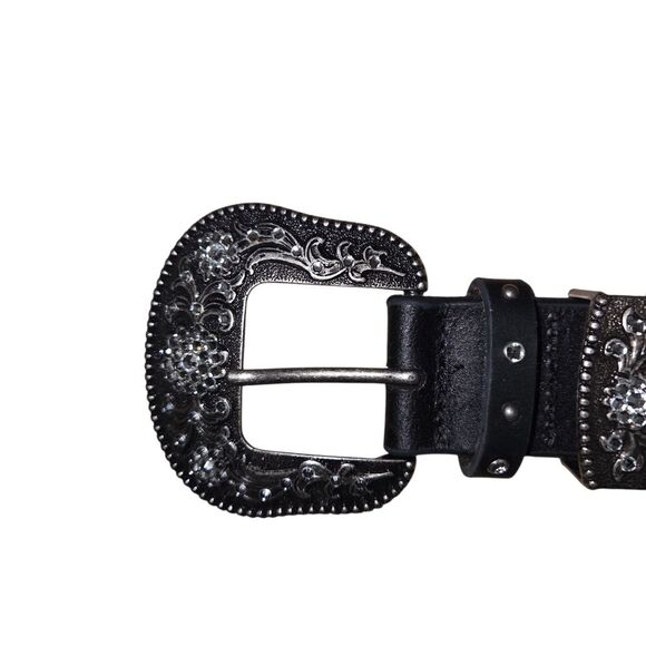 Black Leather Western Belt with Silver Rhinstone Embellished Buckle Size Large main image 4